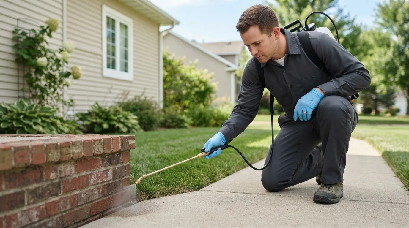 Pest control technician treating a home near Flatonia, TX